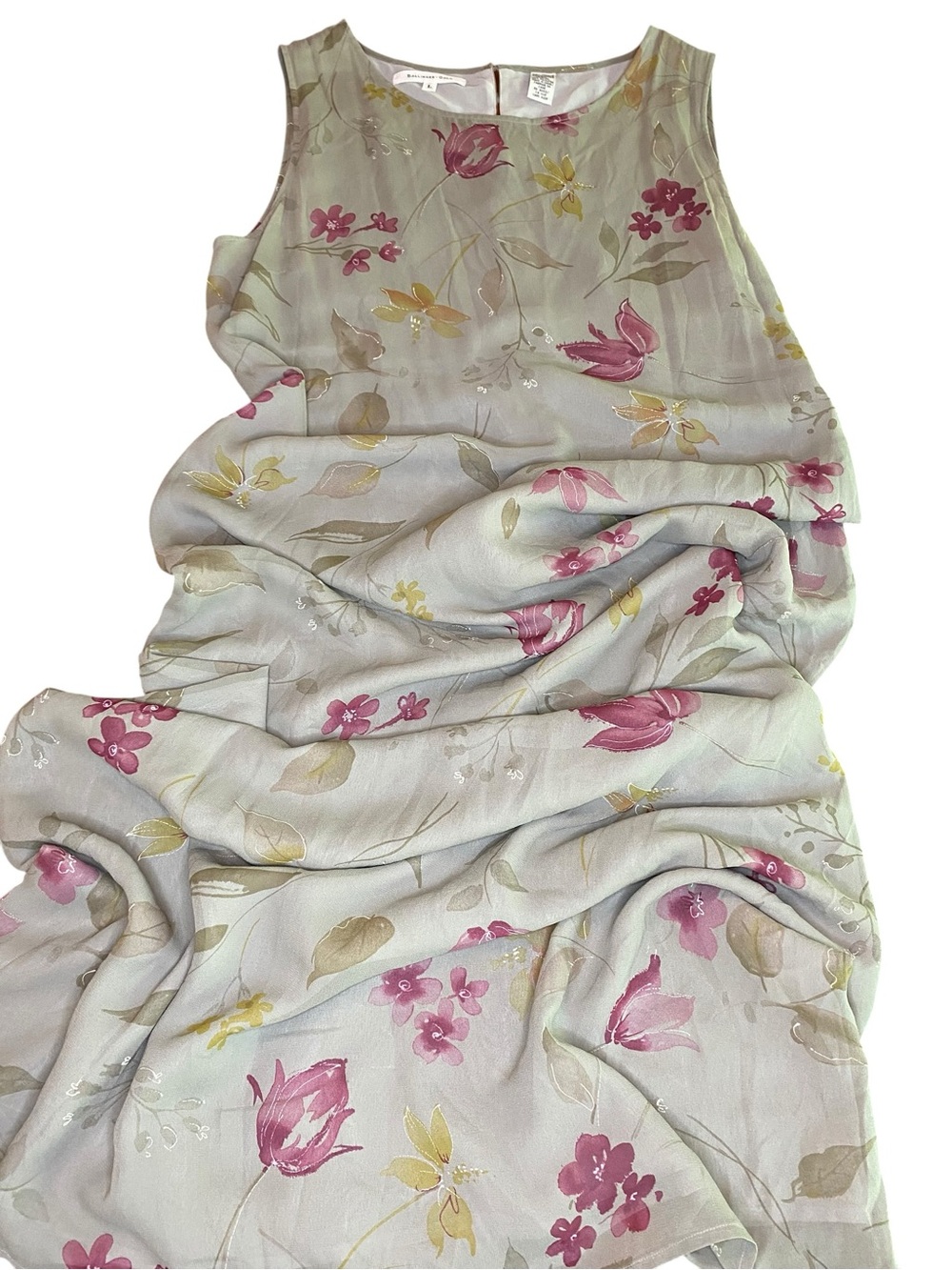 Ballinger Gold Silk Floral Dress Women’s L 90s Mom Summer Garden Party Cottage